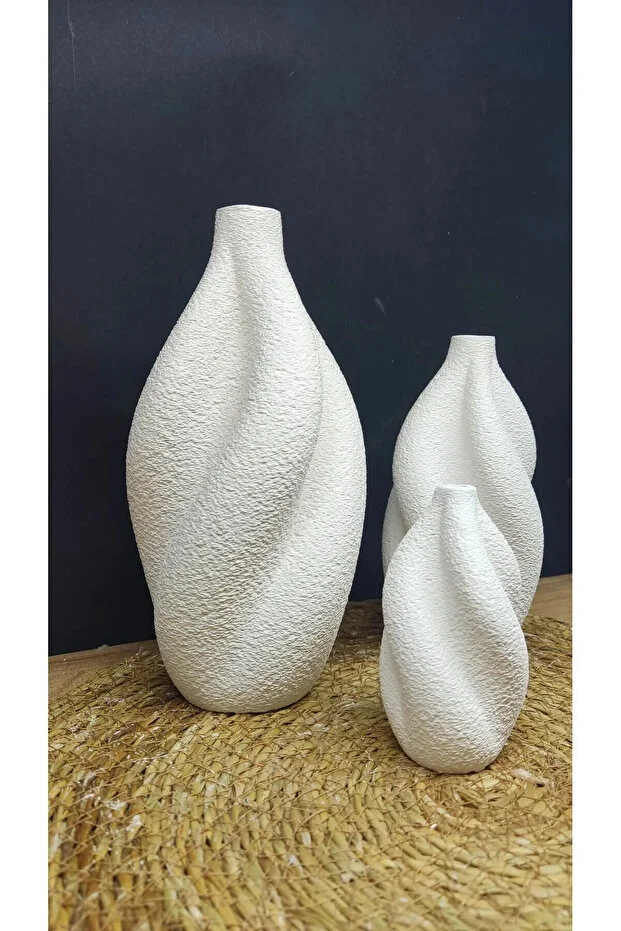 Modern Kıvrımlı 3'lü Dekoratif Vazo Seti – Seramik Görünümlü Mat Doku, Ev Dekorasyon